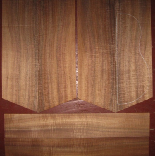 Koa Tenor Ukulele AAA+  $205
(4) top-back plates 5" x 14" min. 
(2) side plates 3-1/4" x 19-1/2"
Air dried since 2003, tenor pattern shown, vertical grain, beautiful honey brown.
set #231-2610